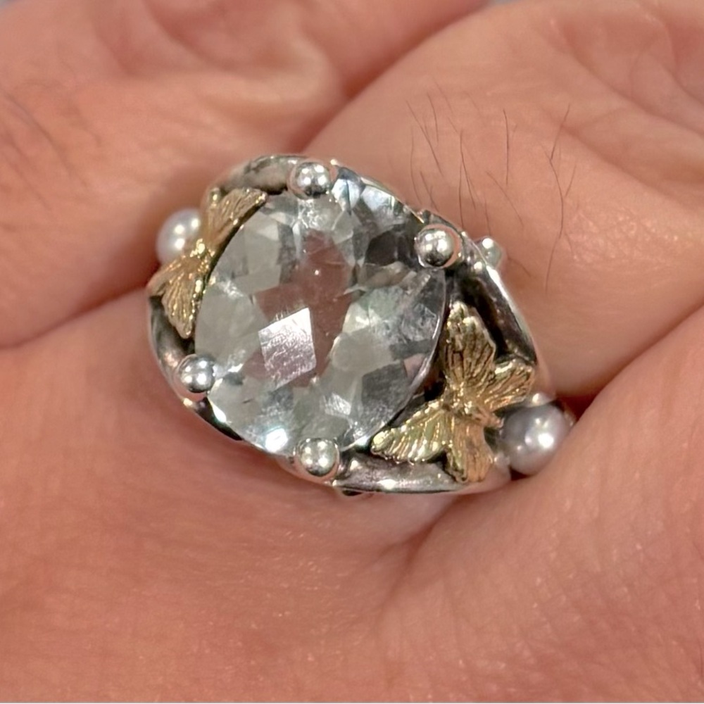 Ann King Sterling Silver 925 & 18K Gold Butterfly Prasiolite Pearl Ring, Sz 6.75